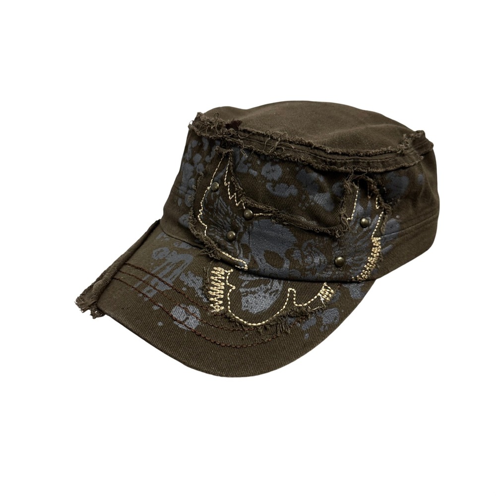 Cadet Hat Mens OS Brown Distressed Skull Studded Military Cap